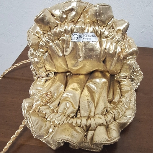 Grace Chuang Vintage Evening Crossbody Purse Gold Crinkle 7"x8" - Picture 5 of 7